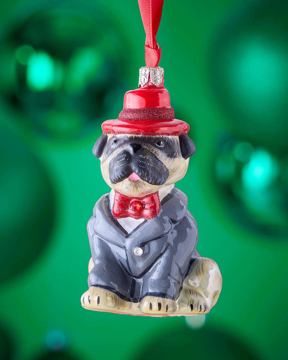 Pug Fawn in Red Fedora and Gray Suit Christmas Ornament